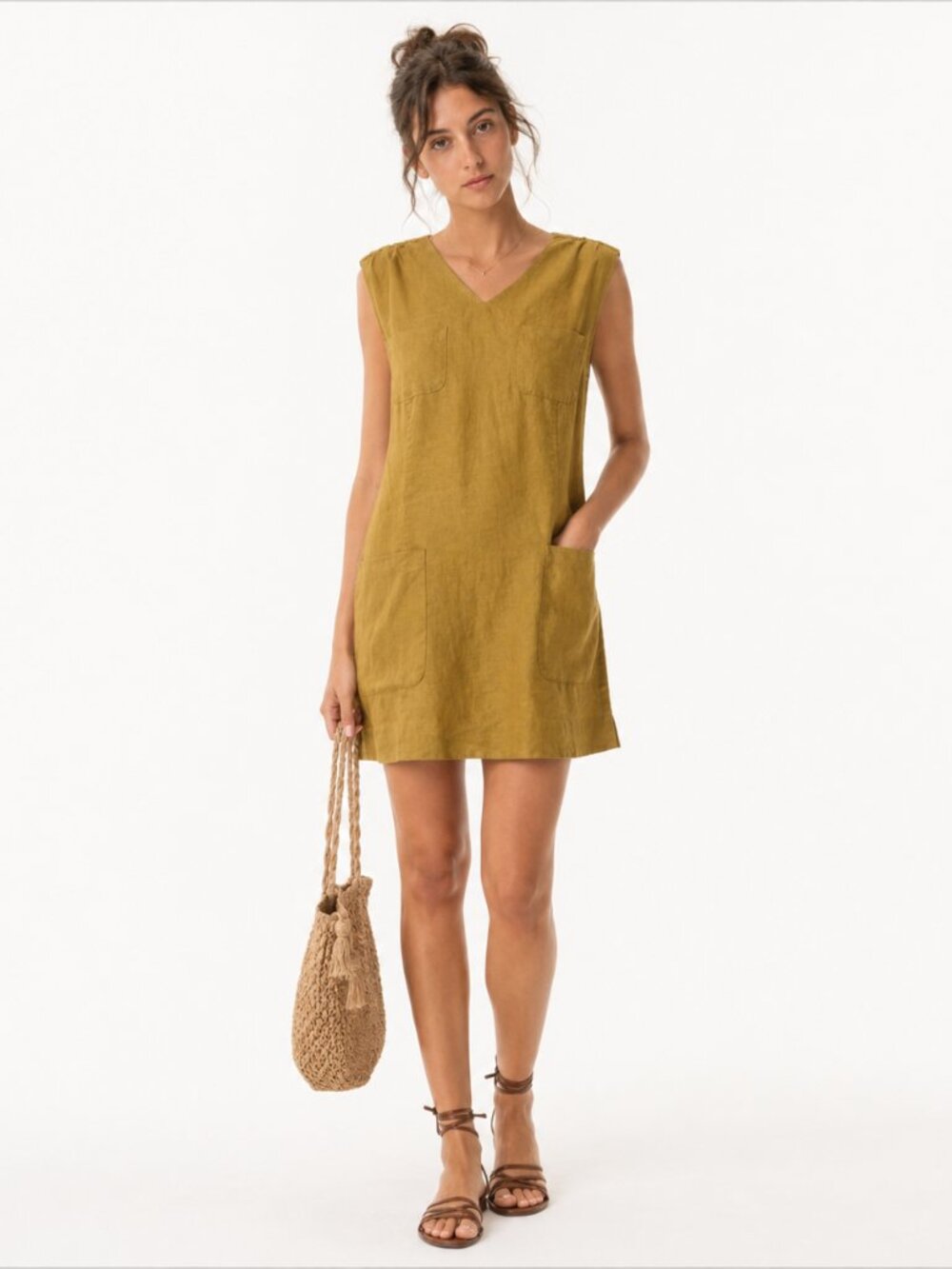 Doen Bennette Dress Golden Olive Linen Sleeveless Pocket Shift Dress Size M - Picture 2 of 14